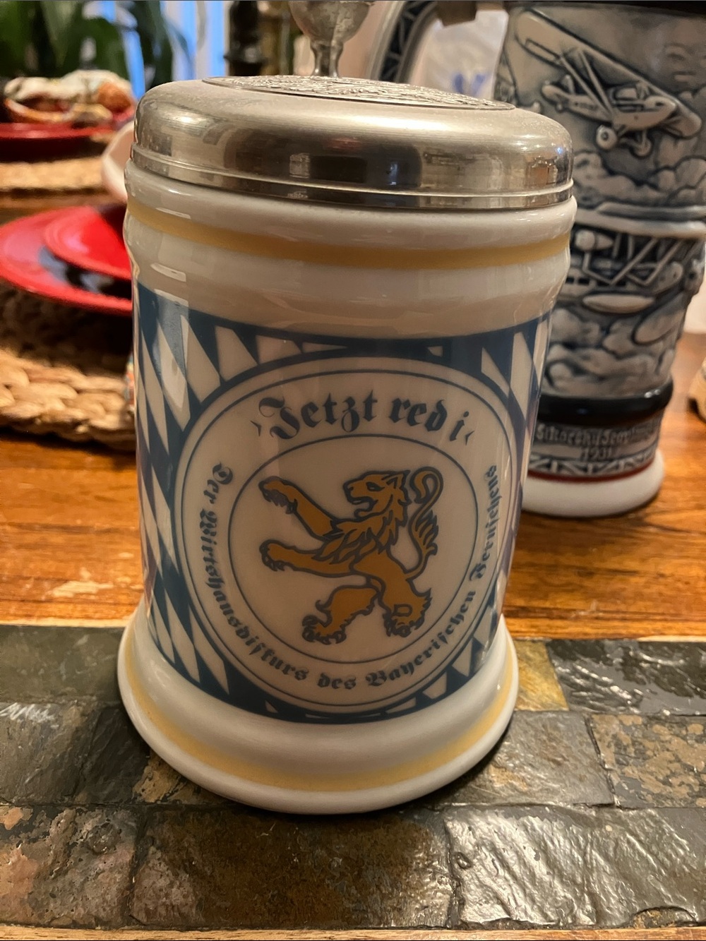 Ceramic Beer Stein with Blue and Gold Lion Design